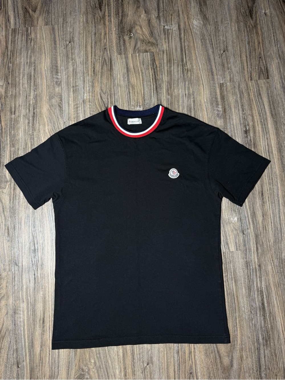 Moncler Men’s Black Logo T-Shirt Tricolor Collar Size S Made in Italy